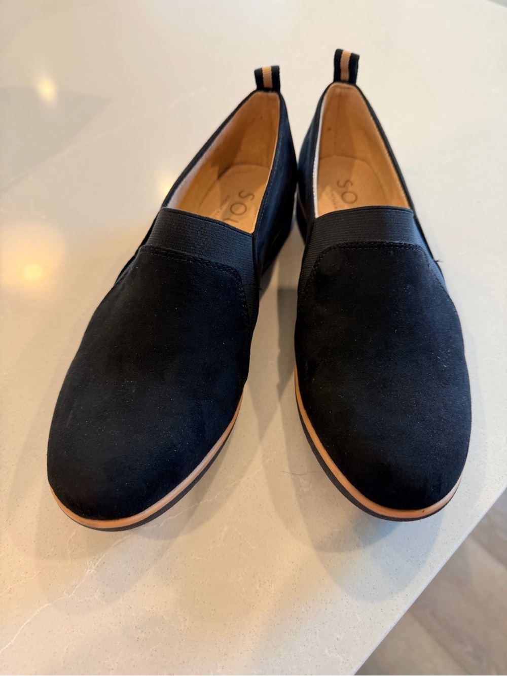 SOUL Naturalizer Black Slip-On Women's Loafers with Tan Trim